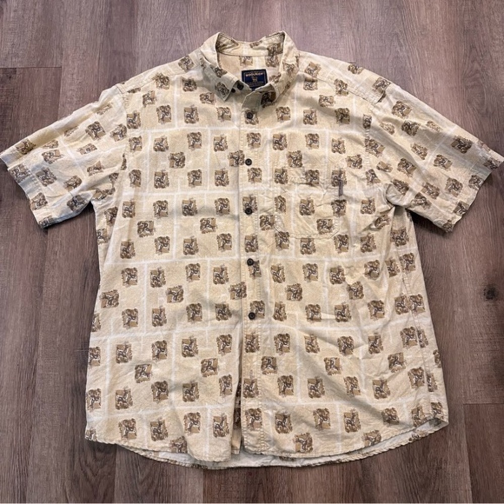 Vintage Woolrich Shirt Short Sleeve Button Down Mens XL Brown Deer Print Hunting